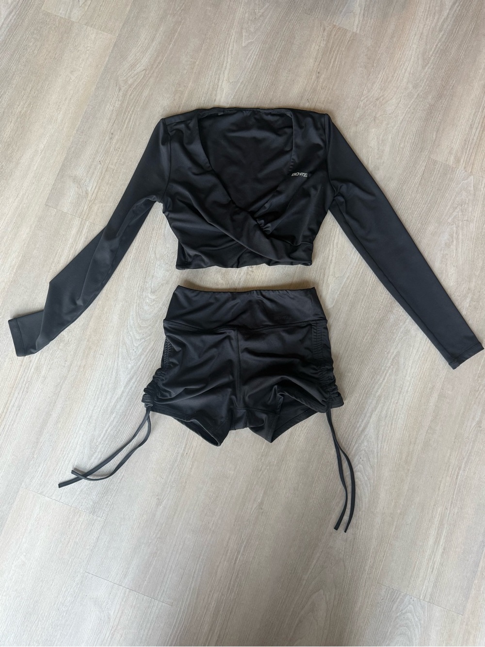 Black Cropped Wrap Long Sleeve Top & Drawstring High-Waist Shorts Set